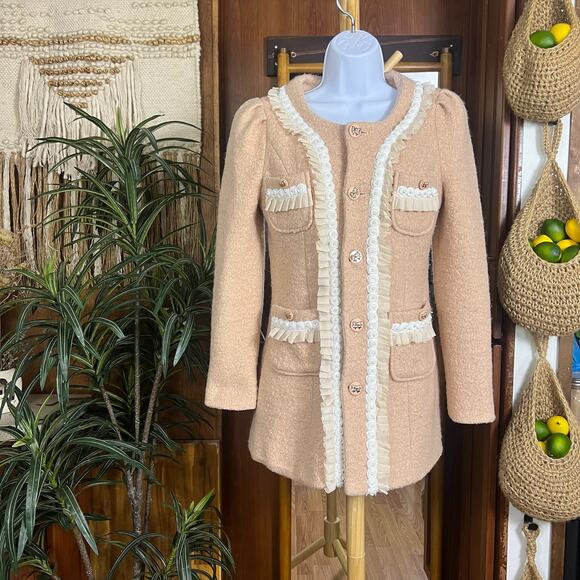 Korean Jackets & Blazers - Coquette Blush Lace Trim Coat S Bow Buttons Pearl Detail Korean Made Jacket Amy